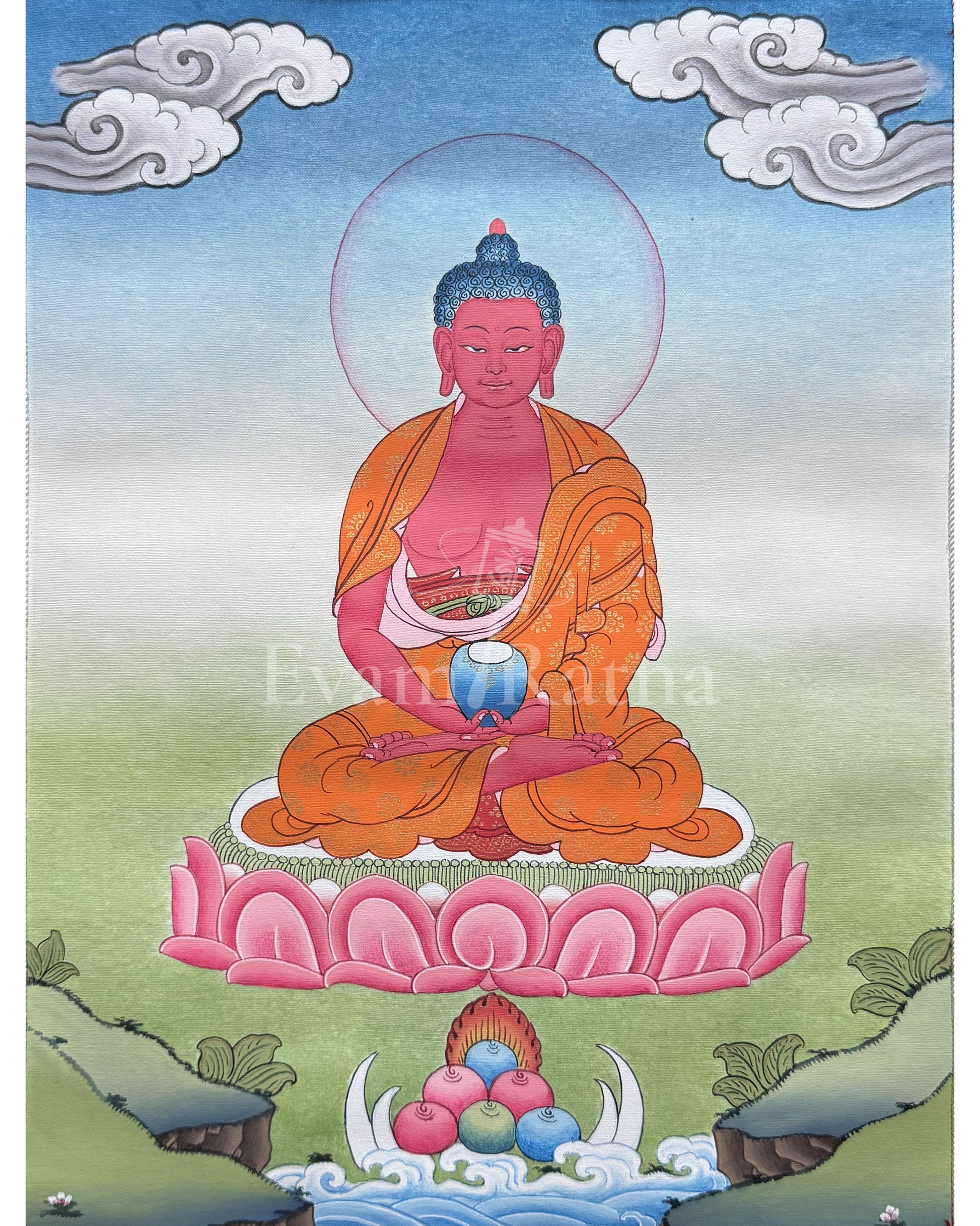 Tibetan Amitabha Buddha Thangka with Brocade