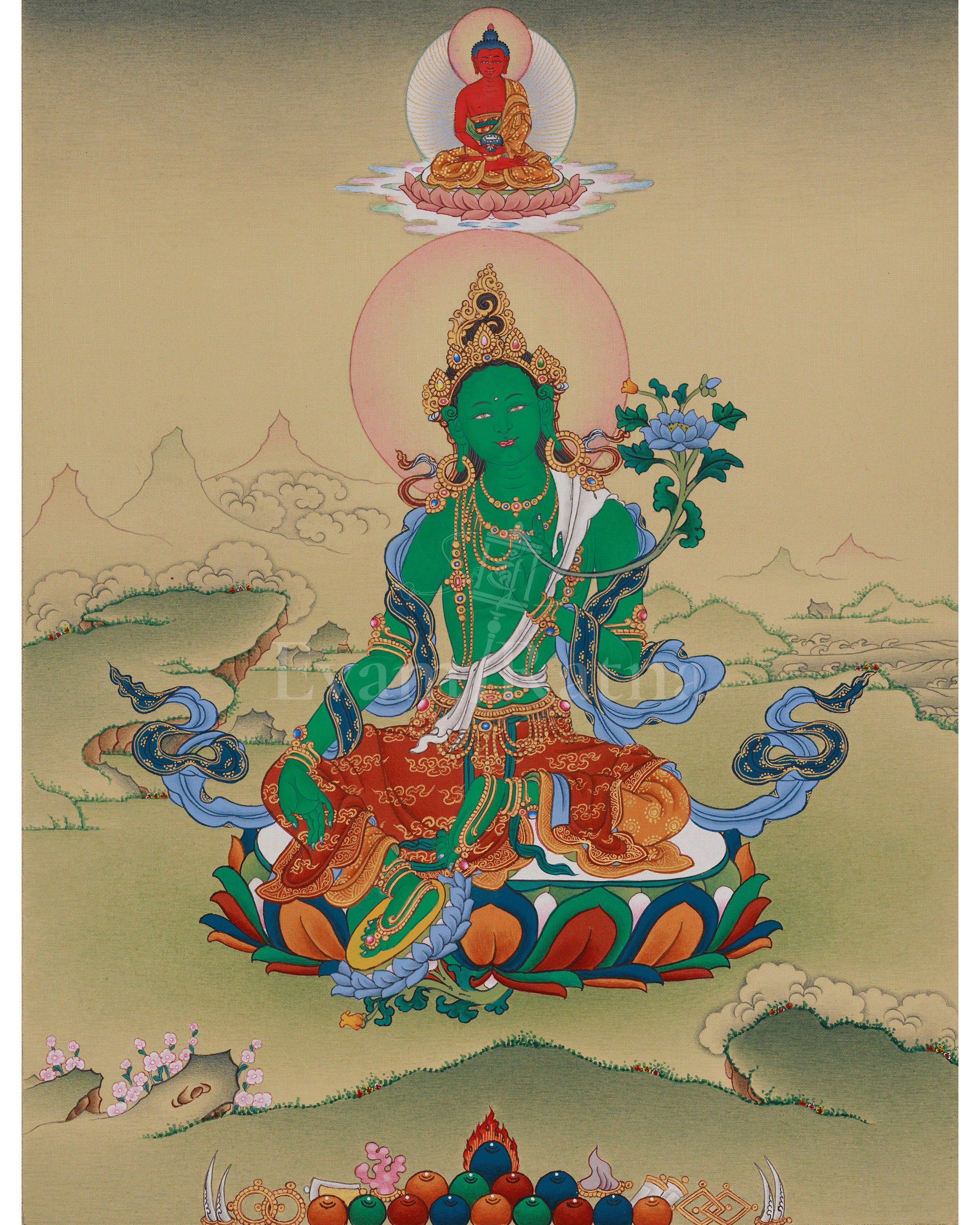 Green Tara with Amitabha Buddha Art | Swift Action Deity | Buddha of Infinite Light