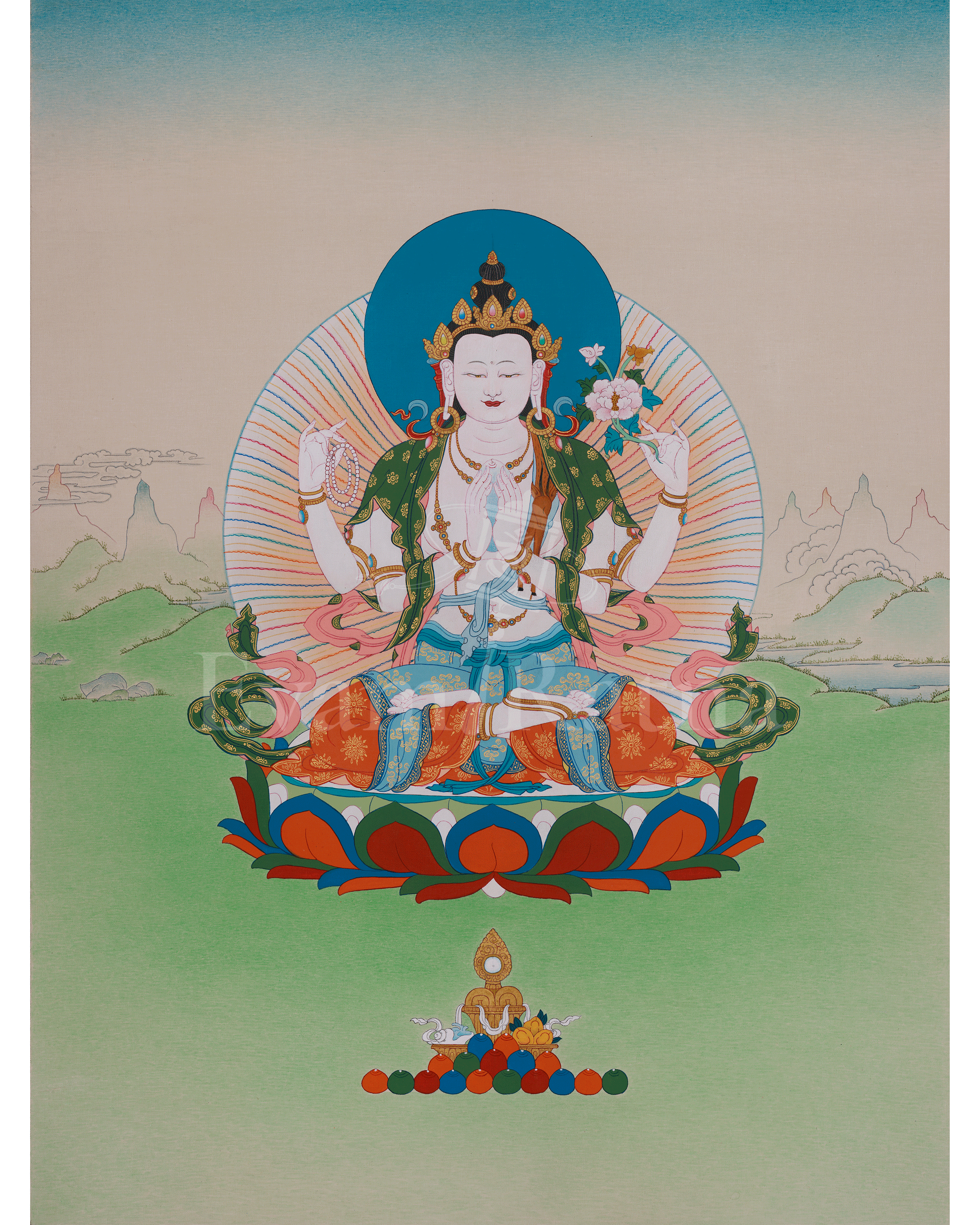 Buddhist Four-Armed Chenrezig Thangka | Symbolizing Compassion, Mercy, and Protection