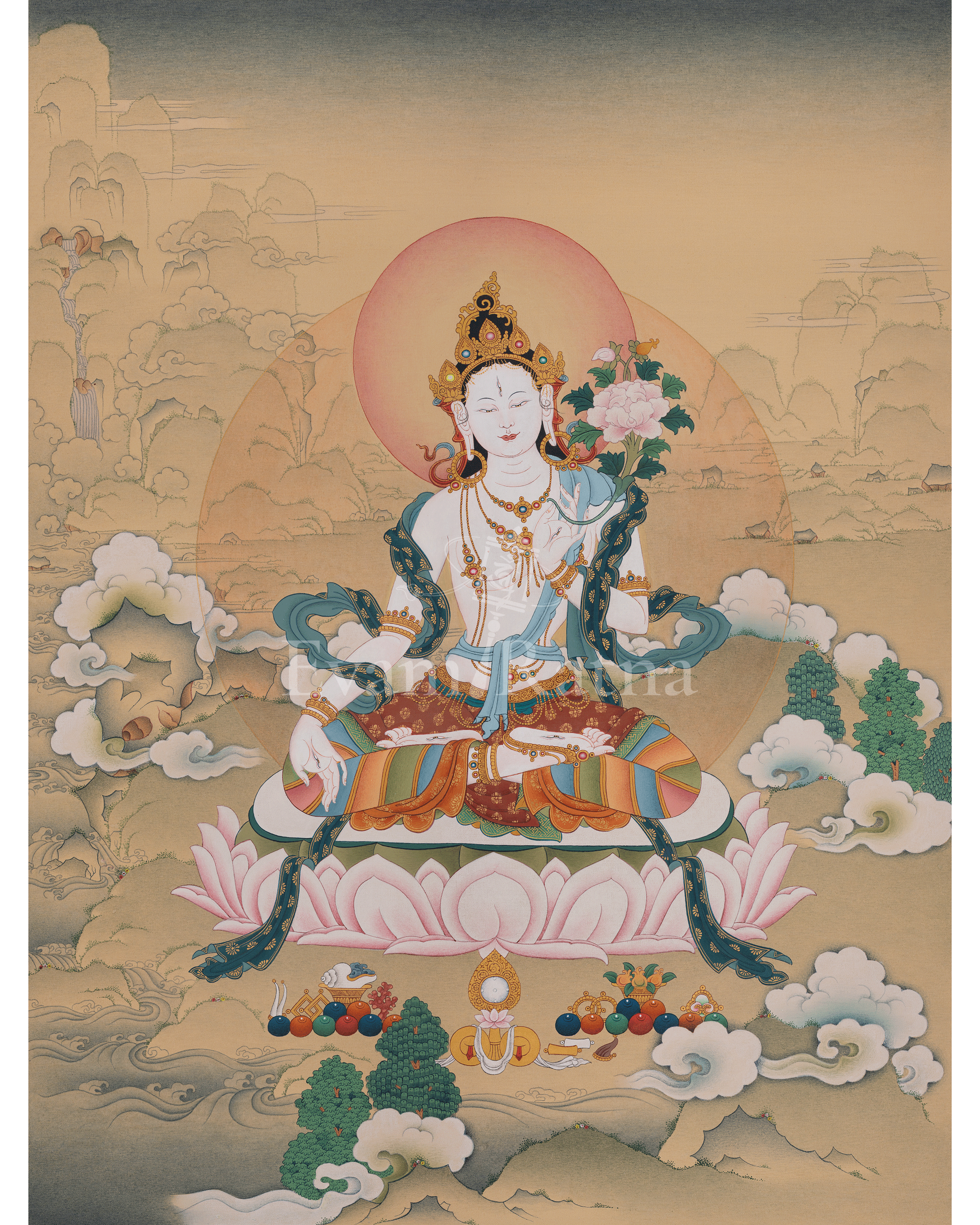 White Tara Longevity Thangka Art | Seven Eyed Deity | Pure Compassion