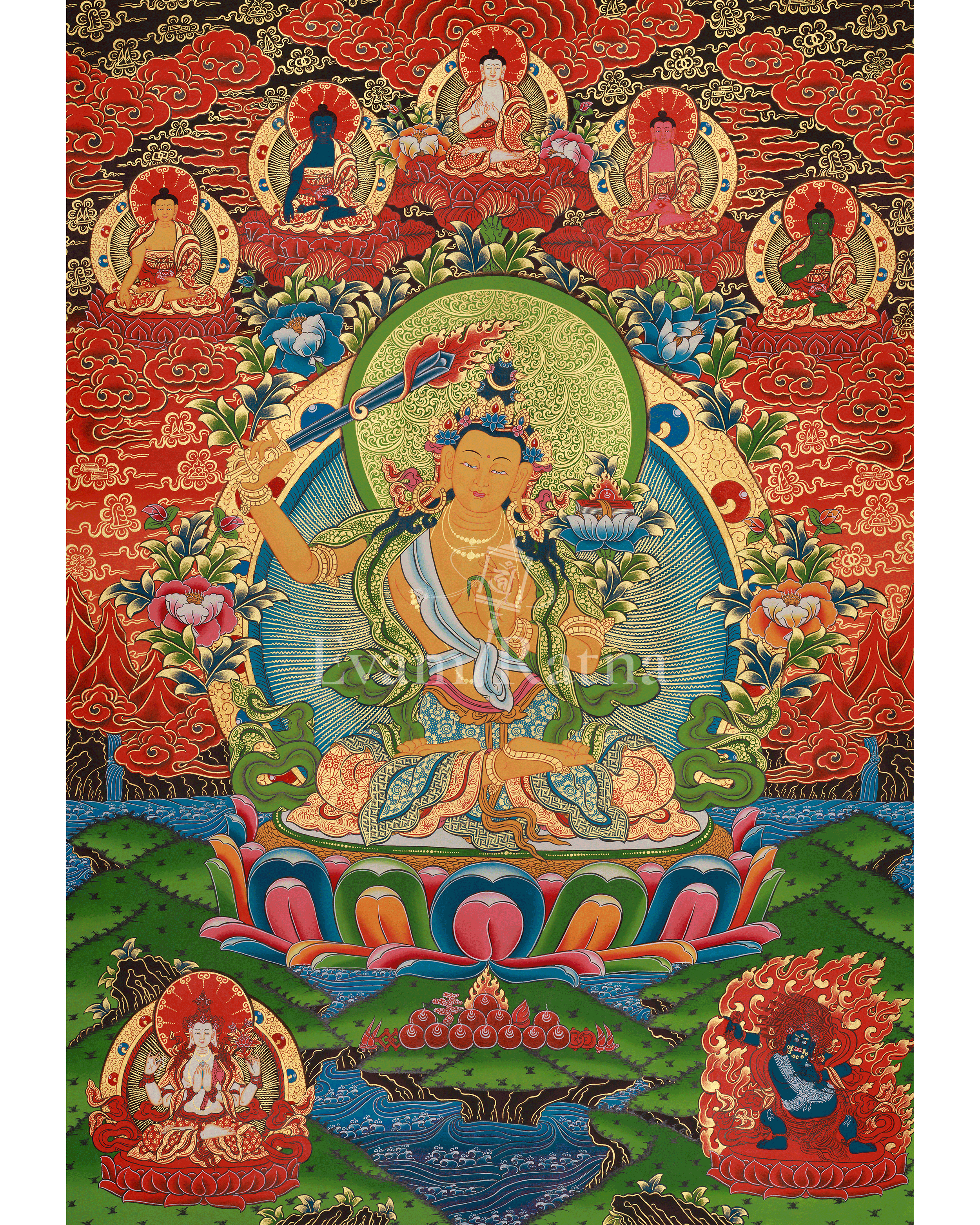 Himalayan Art of Manjushri | Sacred Thangka of Wisdom and Enlightened Clarity