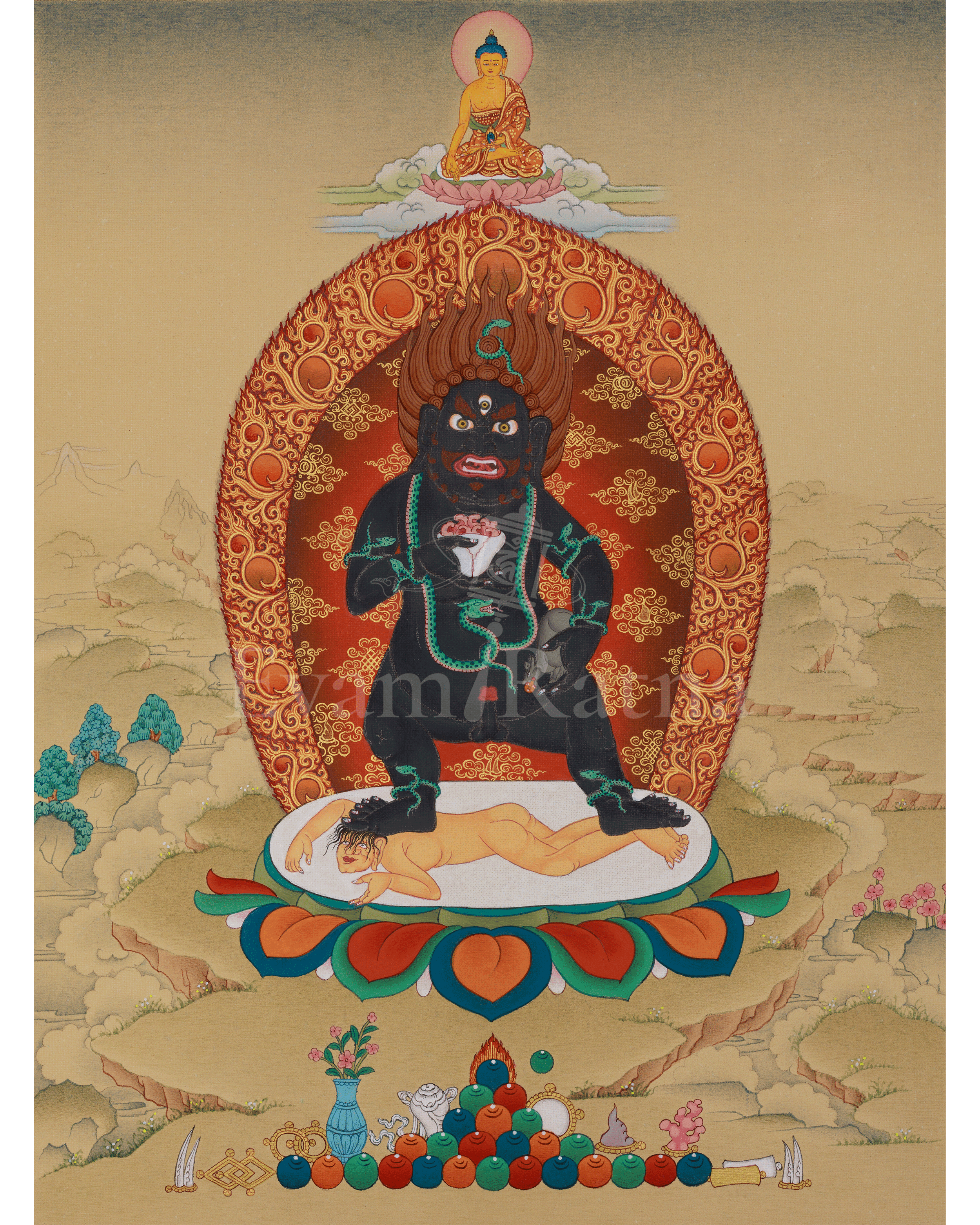 Himalayan Black Dzambhala Thangka | Tibetan Art for Prosperity, Protection, and Abundance