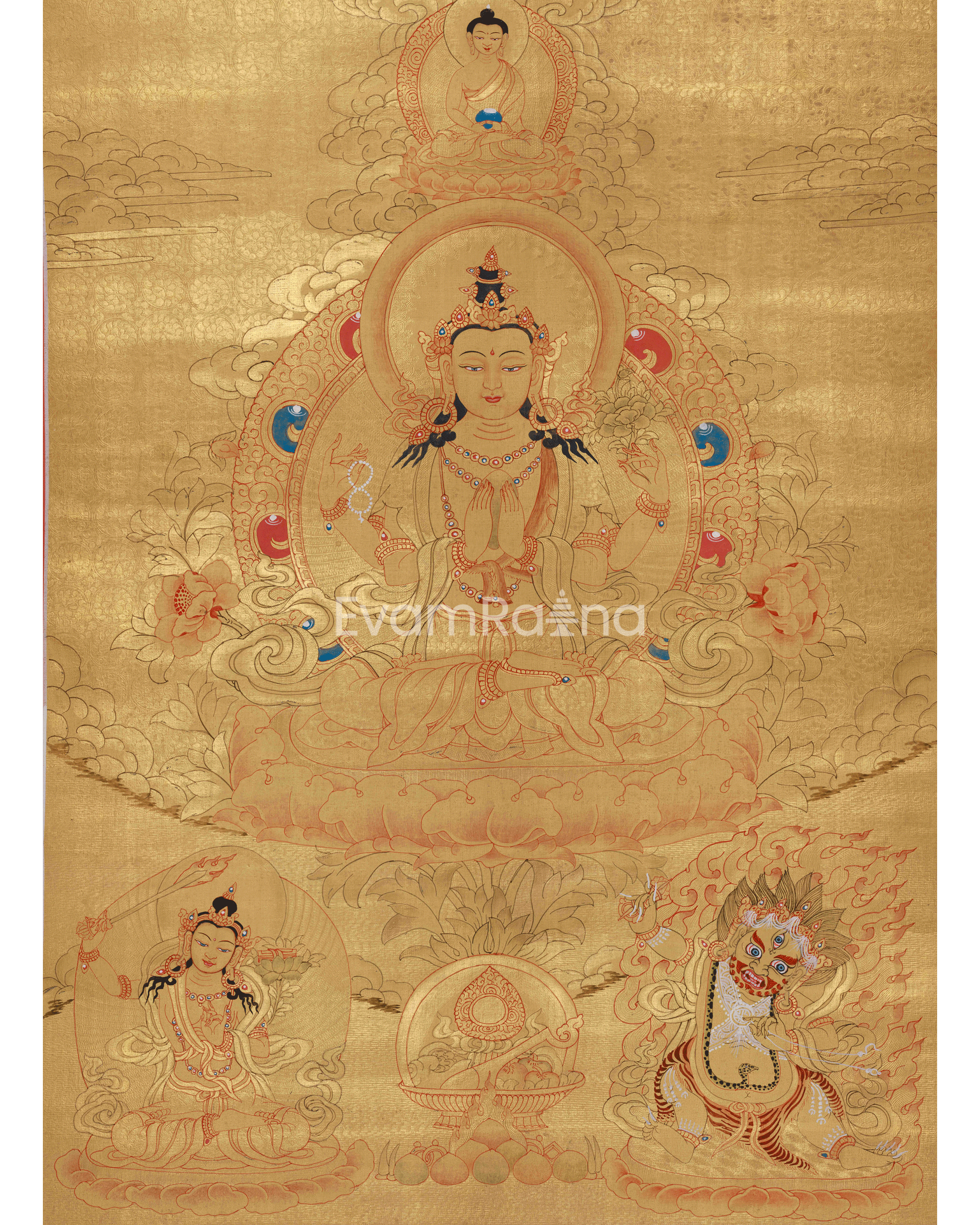 Traditional Thangka Of Four-Armed Chenrezig