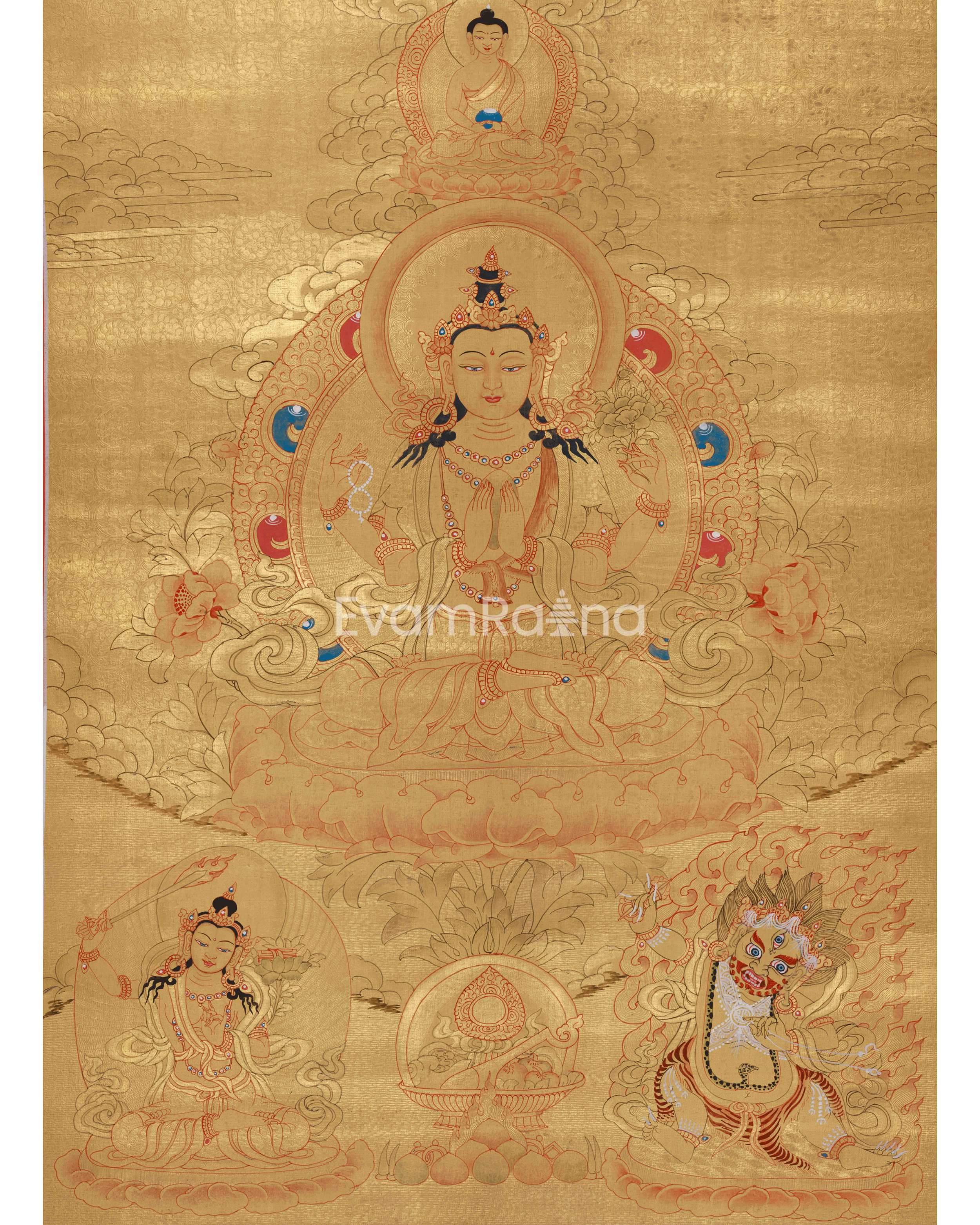 Traditional Thangka Of Four-Armed Chenrezig