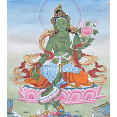 Divine Green Tara Thangka With Brocade 
