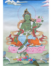 Divine Green Tara Thangka With Brocade 