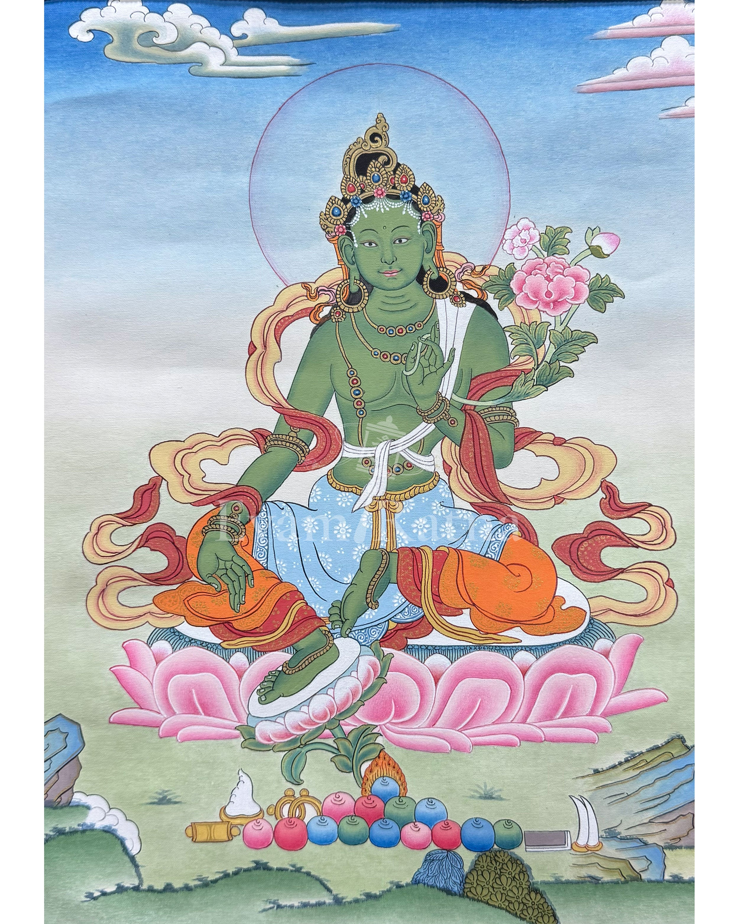 Divine Green Tara Thangka With Brocade 