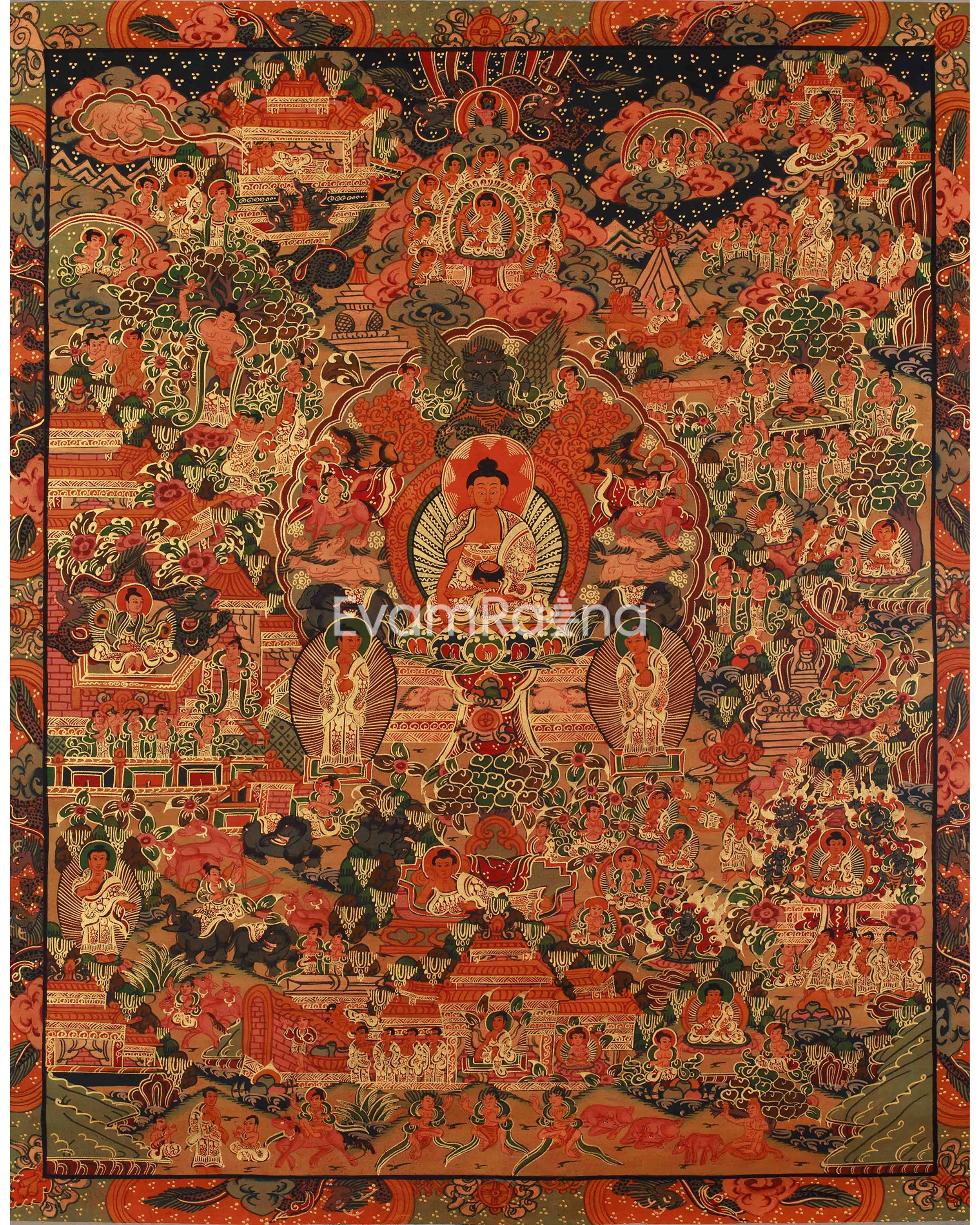 Sacred Buddha Life Story Art | Birth, Enlightenment, and Teaching of Dharma Thangka