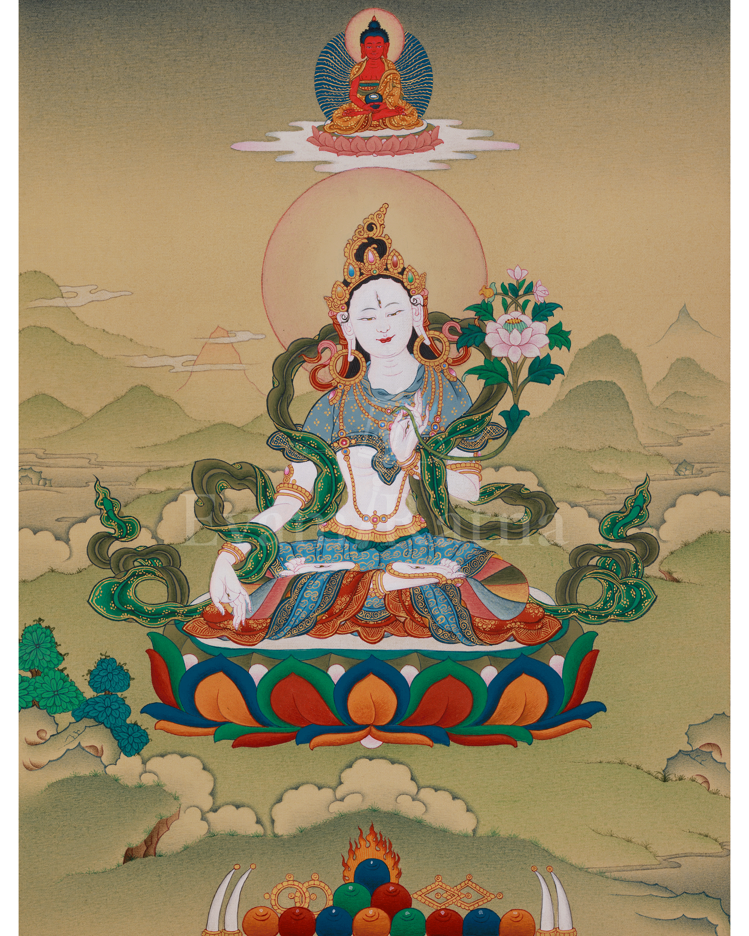 Sacred White Tara with Amitabha Buddha Thangka | Healing, Longevity, and Pure Land Peace