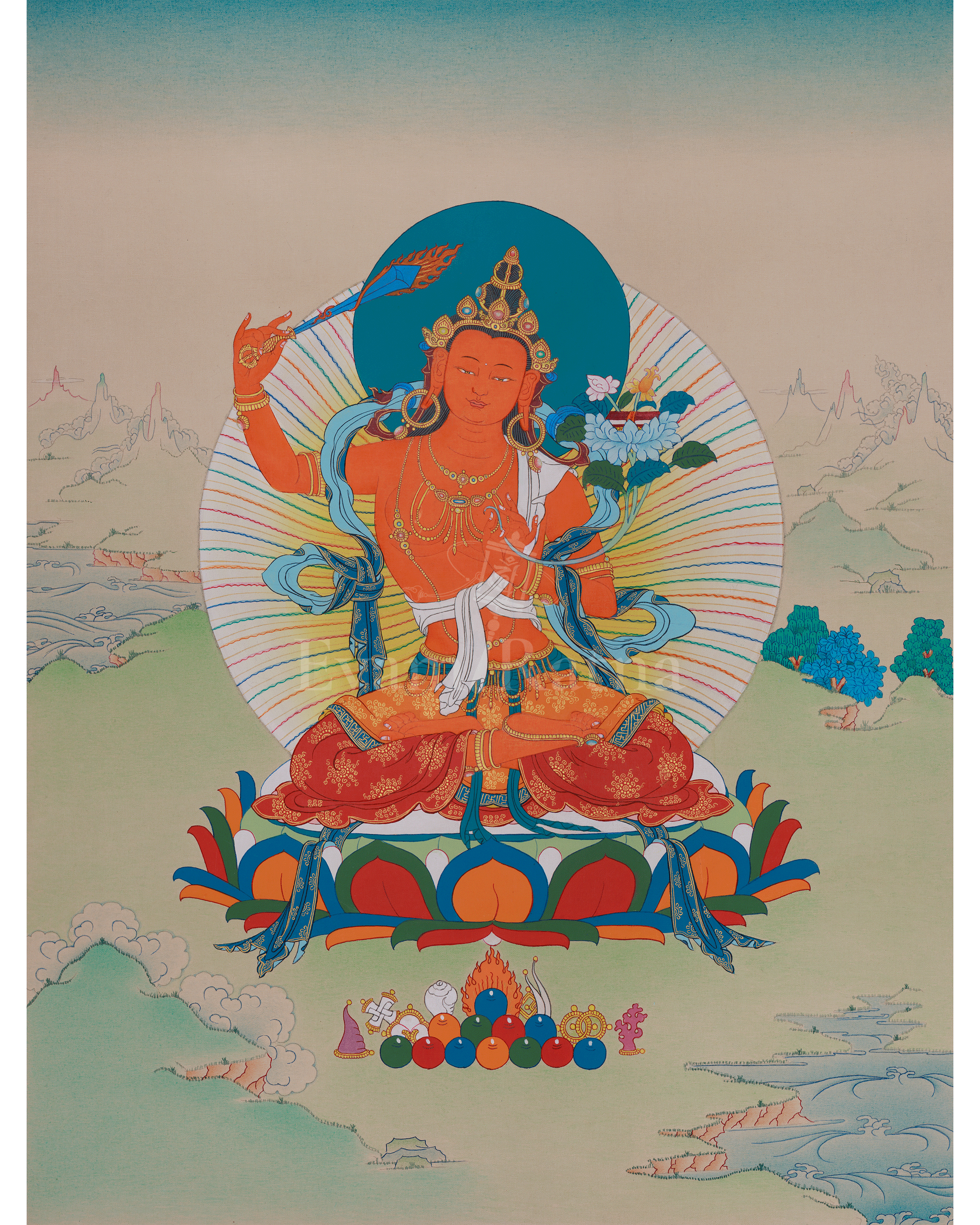Manjushri Wisdom Deity Art | Sacred Buddhist Thangka | Bodhisattva Wall Decor