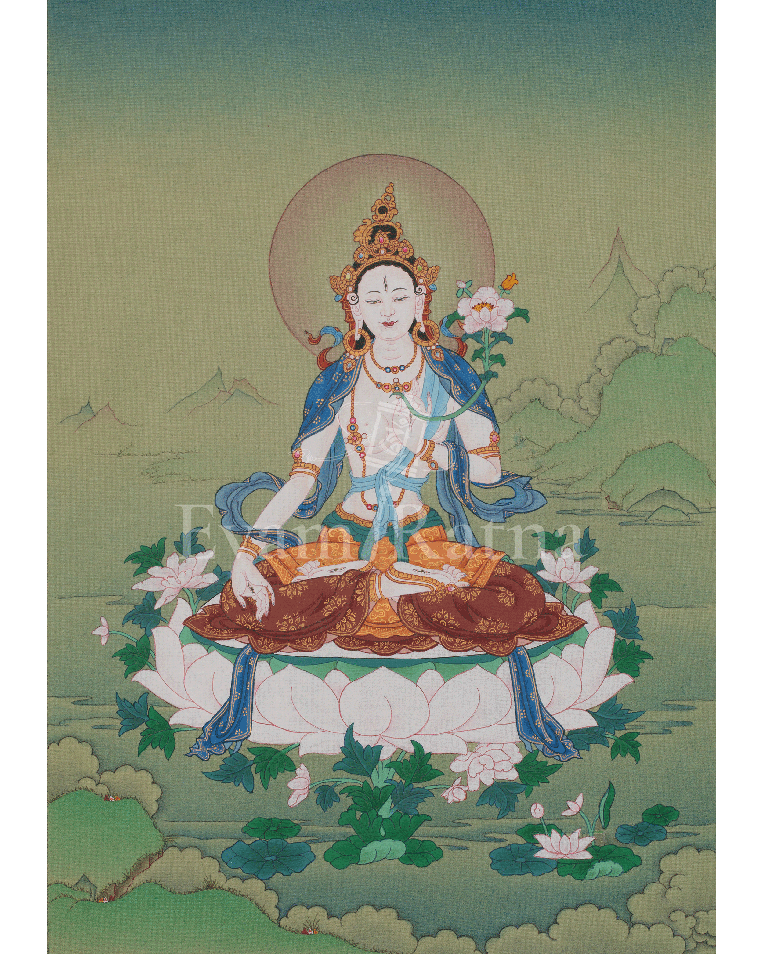White Tara Compassion Thangka Art | Longevity Deity | Hand-painted Artwork