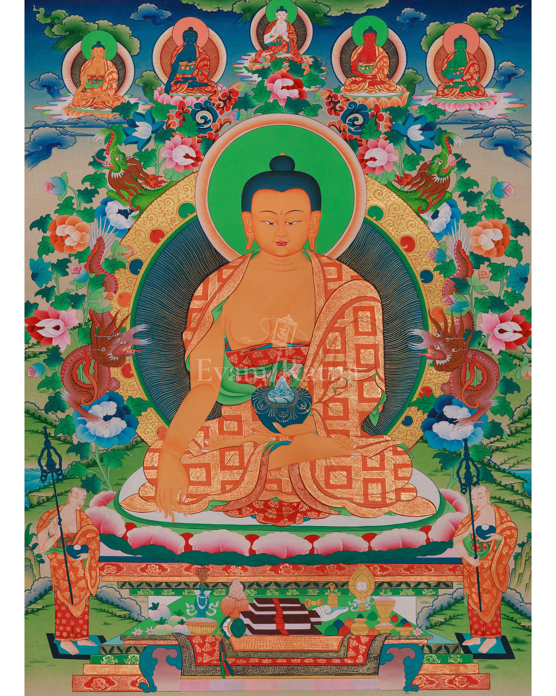 Shakyamuni Buddha With Five Dhyani Buddhas Thangka