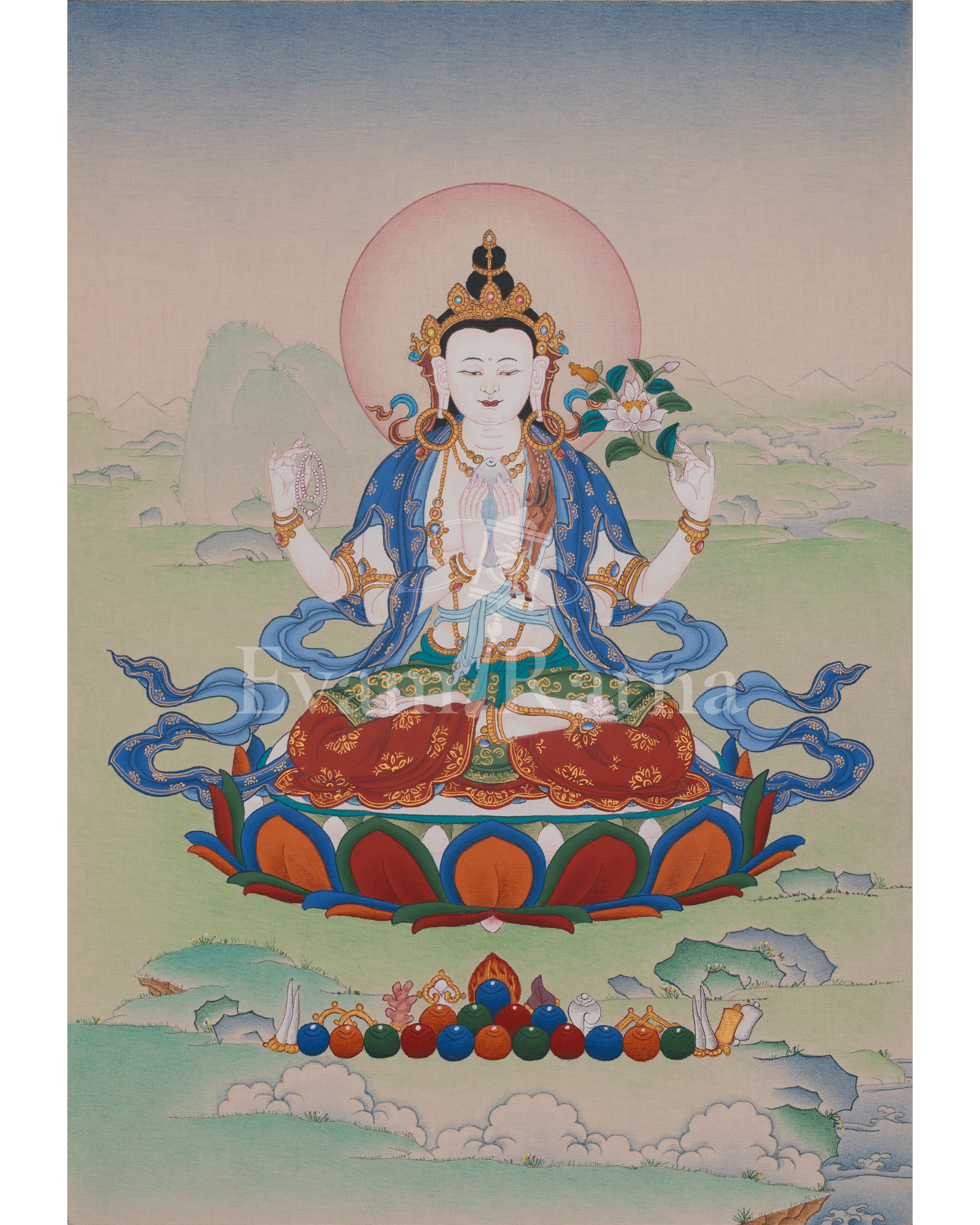 Chenrezig Meditation Art | Avalokiteshvara Thangka | Compassion Buddha