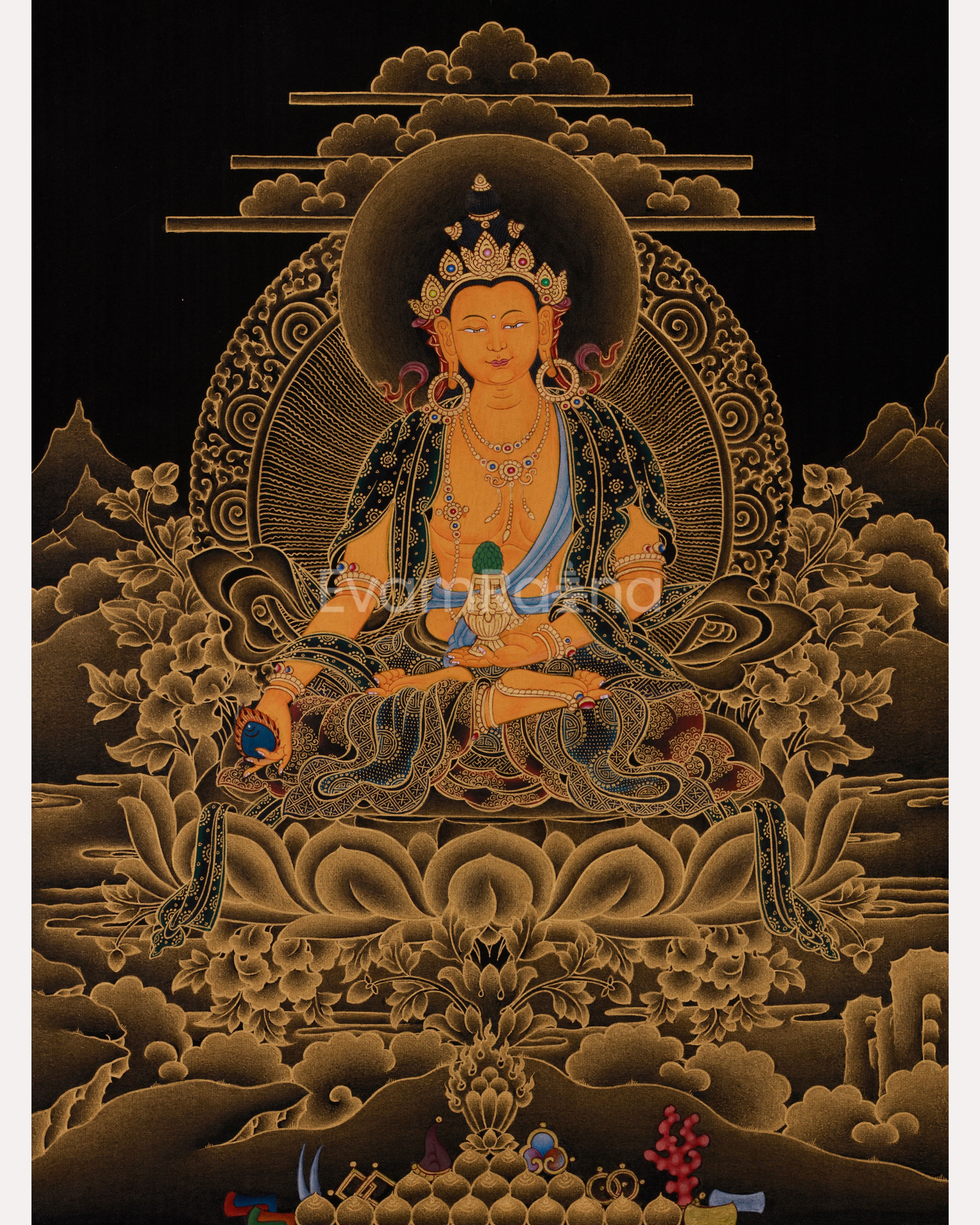 24K Gold Thangka of Kshitigarbha | Symbol of Compassion, Afterlife Guidance & Deep Meditation