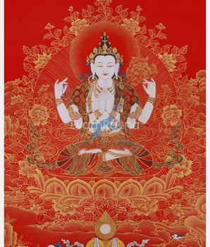 Golden Grace on Red, 4 Arms Avalokiteshvara Thangka, Deity of Compassion