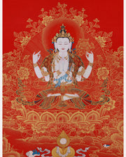 Golden Grace on Red, 4 Arms Avalokiteshvara Thangka, Deity of Compassion