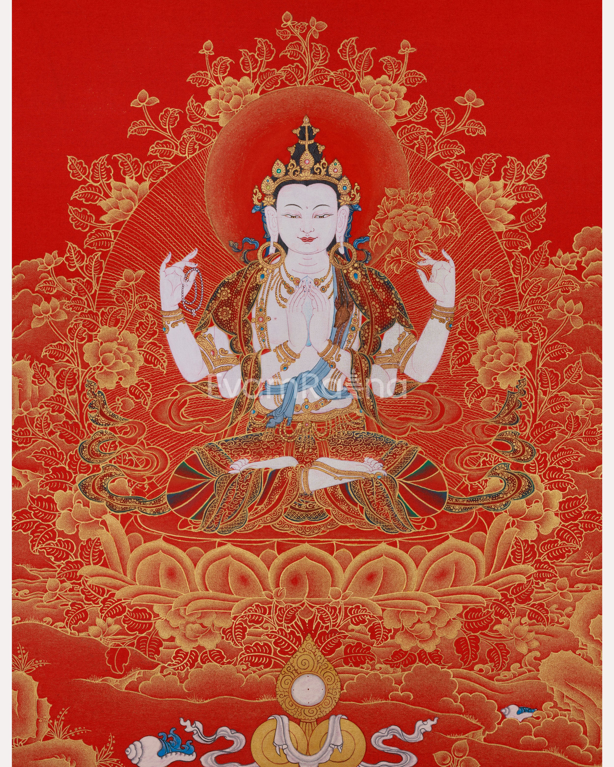 Golden Grace on Red, 4 Arms Avalokiteshvara Thangka, Deity of Compassion