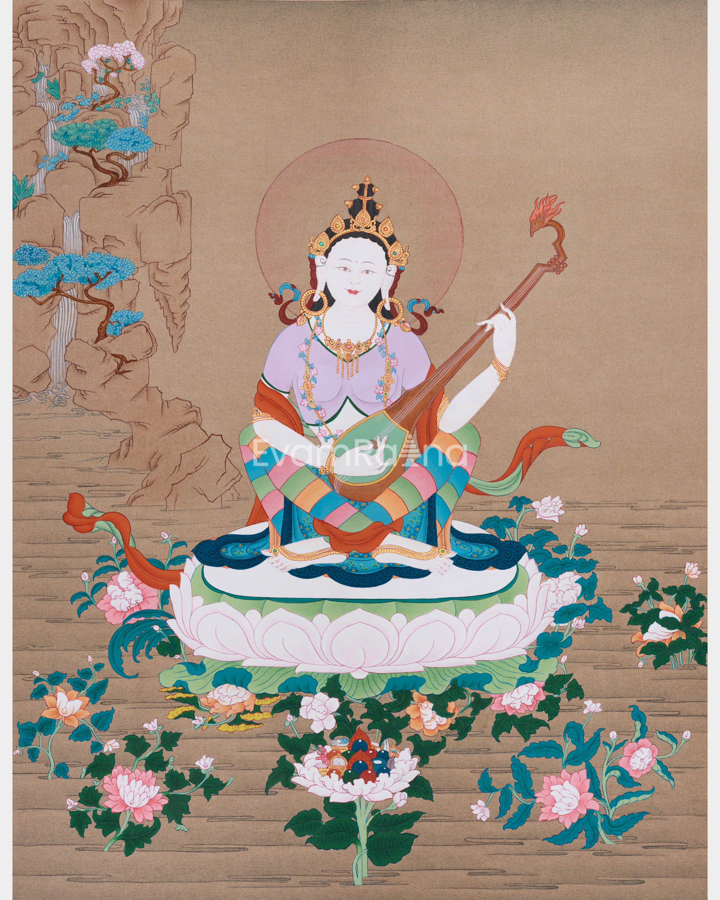 Beautiful Goddess Saraswati Thangka | Divine Embodiment of Learning & Music