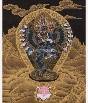 Gold on Black Hevajra Thangka | Fierce Meditational Deity | Vajrayana Buddhism