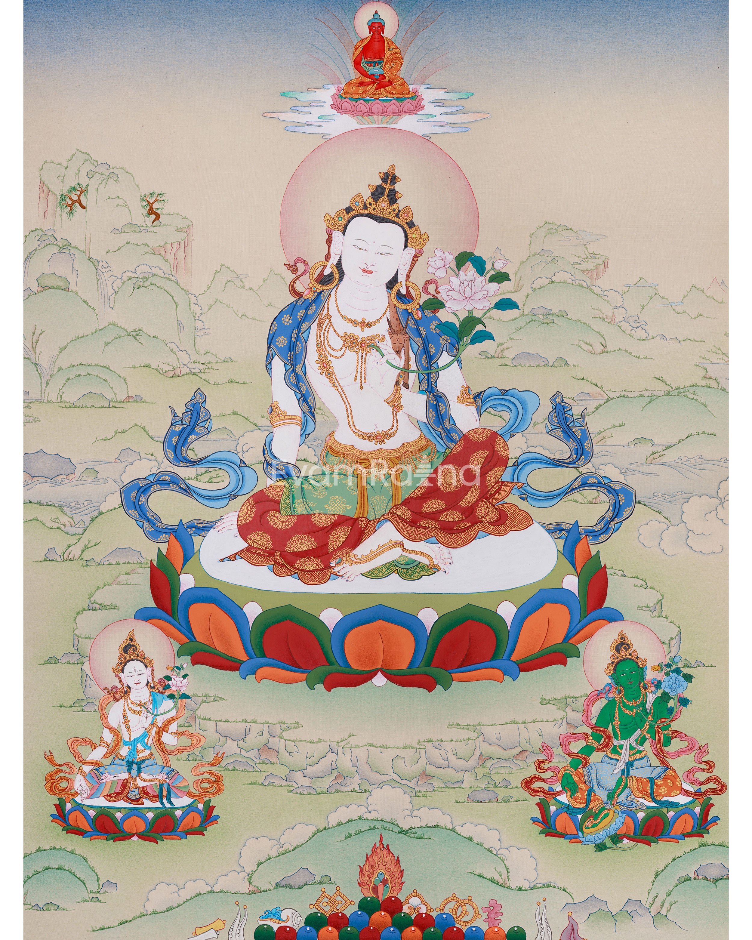 Sacred Chenrezig with White Tara and Green Tara | A Trio of Enlightened Blessings
