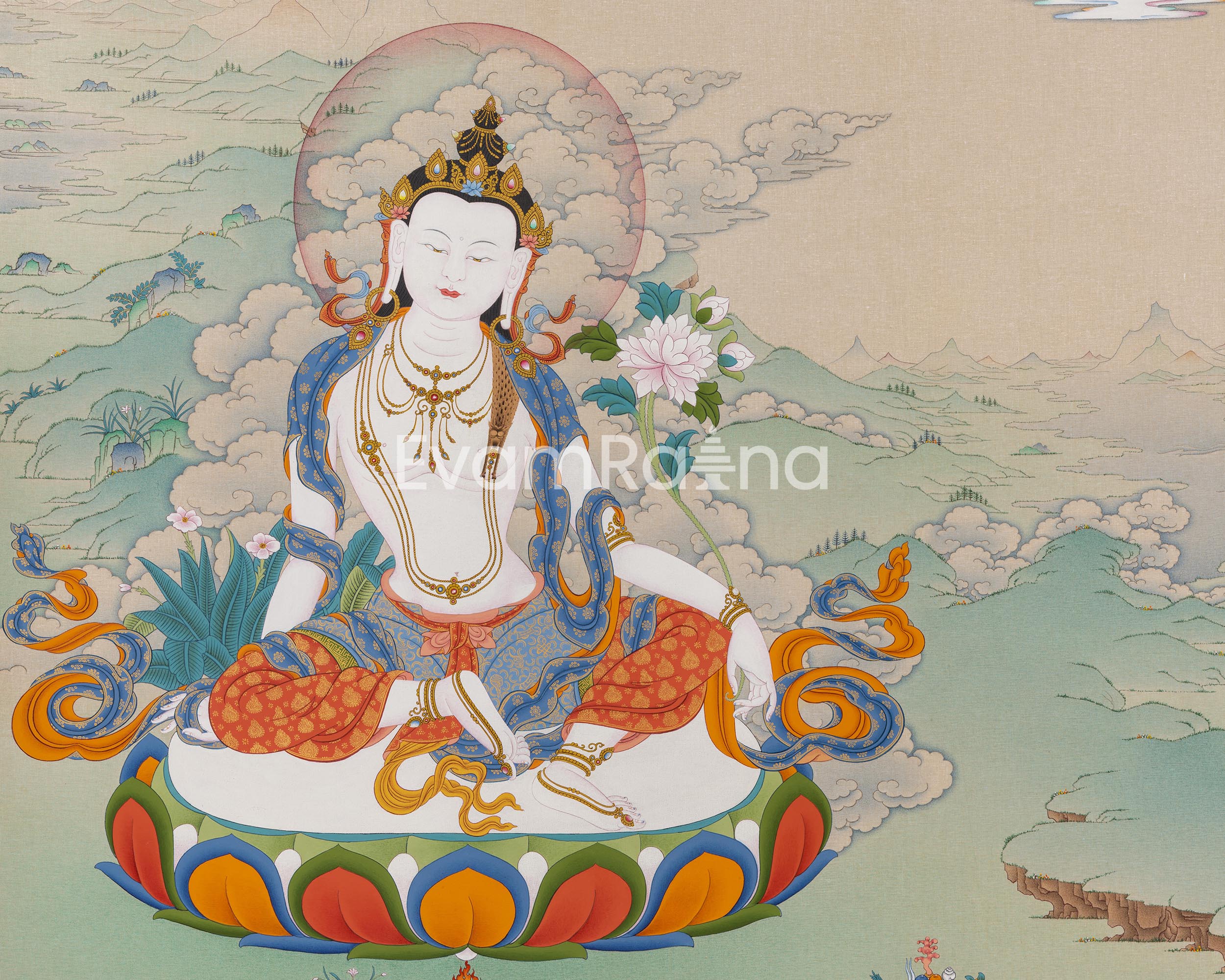 2-Armed Chenresig with Amitabha Buddha Thangka Print | Spiritual Wall Decoration