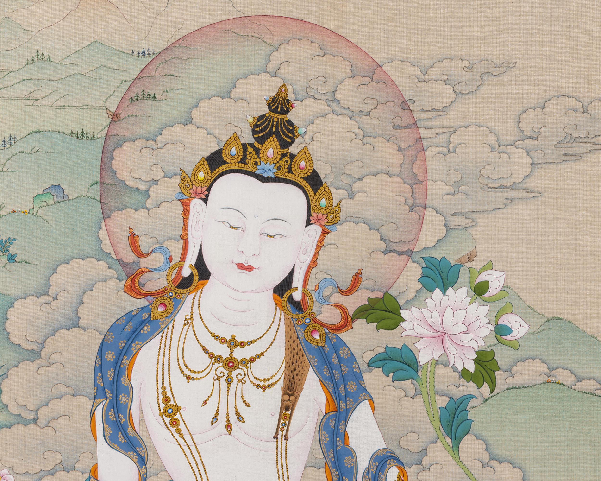 2-Armed Chenresig with Amitabha Buddha Thangka Print | Spiritual Wall Decoration