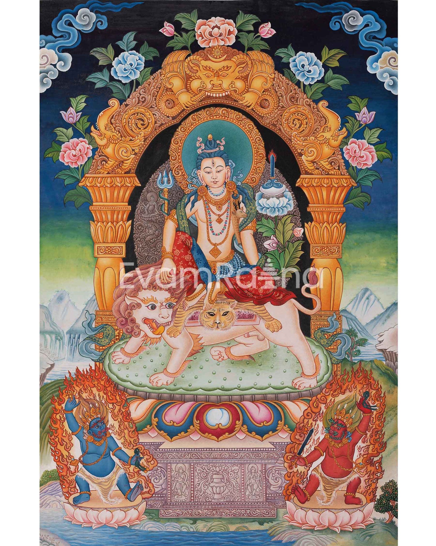 Simhanada Lokeshvara Thangka | Buddhist Handpainted Art | Religious Wall Decors