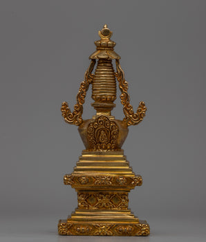 Religious Décor Gold-Plated Stupa | Sacred Altar Piece with Floral Patterns