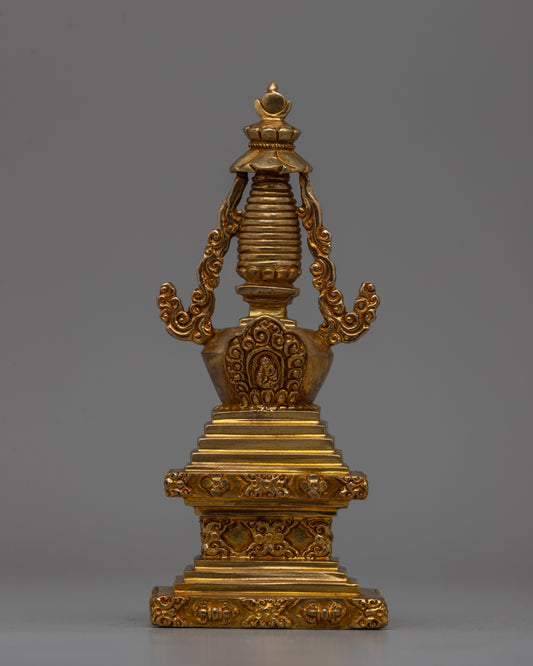 Religious Décor Gold-Plated Stupa | Sacred Altar Piece with Floral Patterns