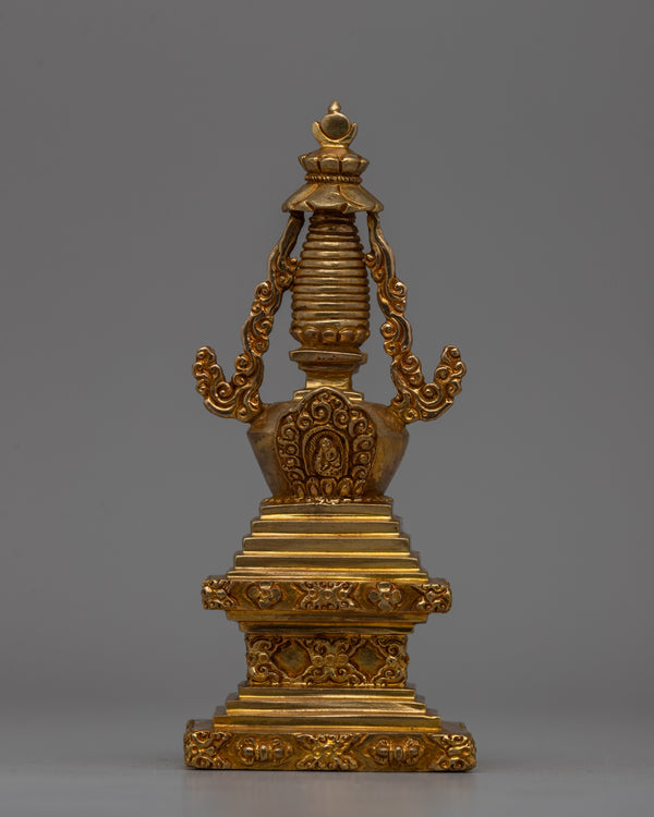 Religious Décor Gold-Plated Stupa | Sacred Altar Piece with Floral Patterns