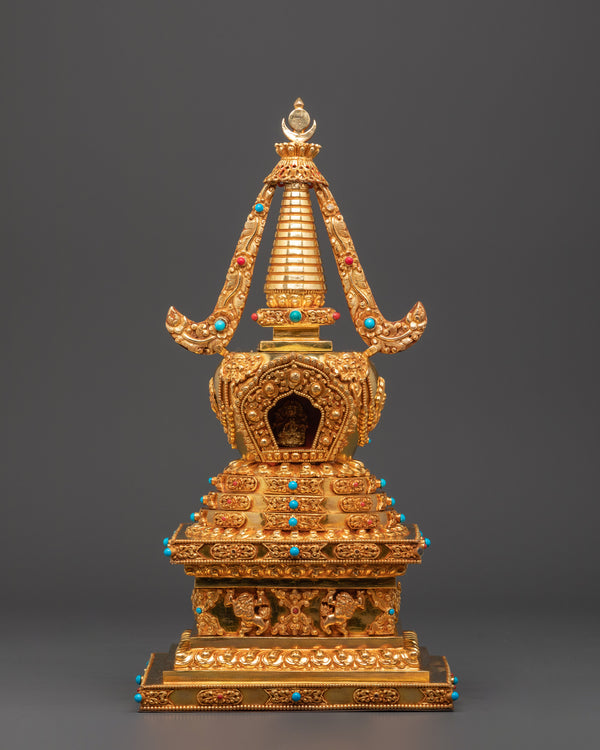 Gold Plated Buddhist Stupa for Decor | Tibetan Stupa for Spiritual Home Decor