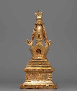 Tibetan Gold-Plated Tibetan Stupa with Intricate Design