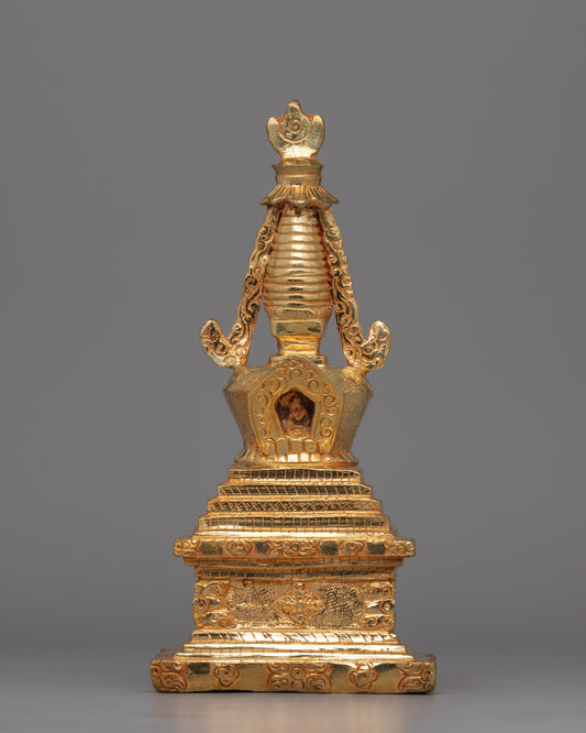 Tibetan Gold-Plated Tibetan Stupa with Intricate Design