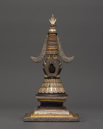 Handcrafted Iron Stupa with Silver Plating & Brass Inlay