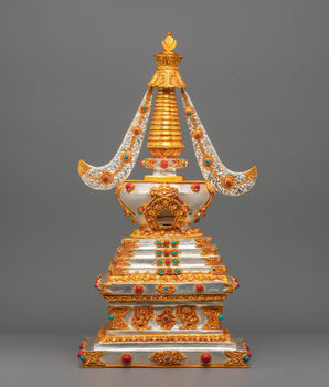 Silver Gold Plated Stupa | Stupa with Coral & Turquoise for Sacred Altar Decor