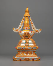 Silver Gold Plated Stupa | Stupa with Coral & Turquoise for Sacred Altar Decor