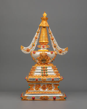 Silver Gold Plated Stupa | Stupa with Coral & Turquoise for Sacred Altar Decor