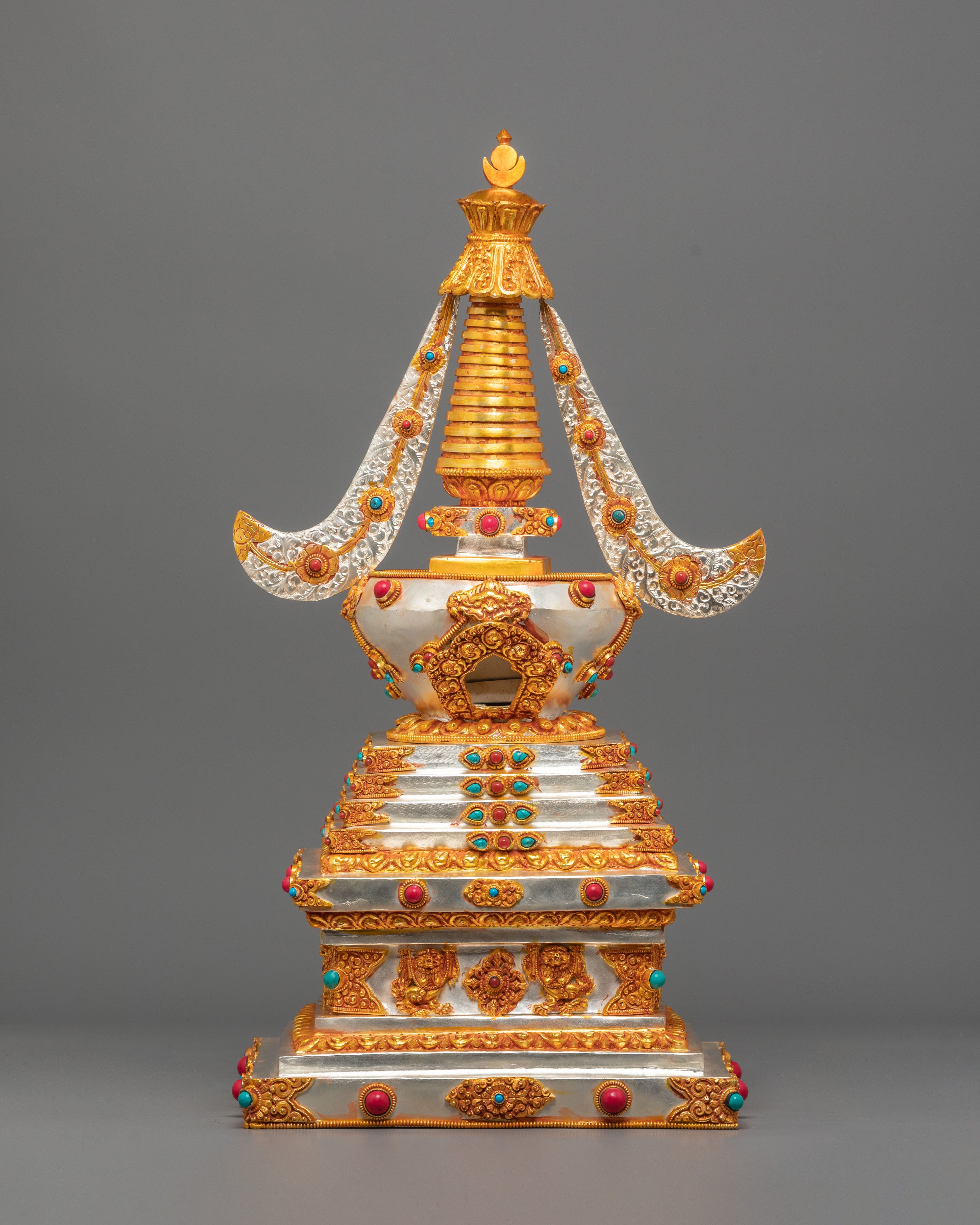 Silver Gold Plated Stupa | Stupa with Coral & Turquoise for Sacred Altar Decor