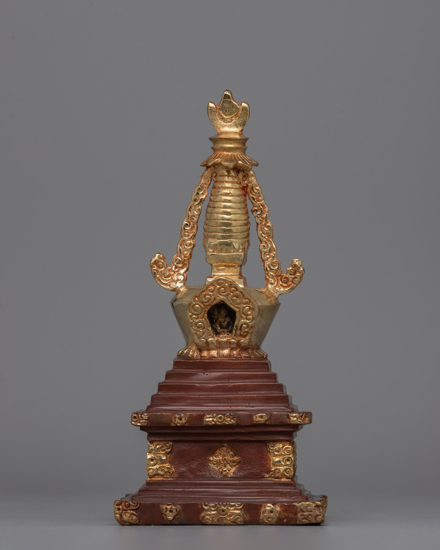 Gold-Plated Tibetan Stupa with Bronze Accents 