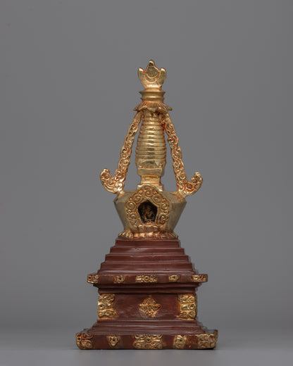 Gold-Plated Tibetan Stupa with Bronze Accents 