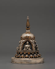 Oxidized Copper Stupa with Silver Plating 4 Buddha Engraved