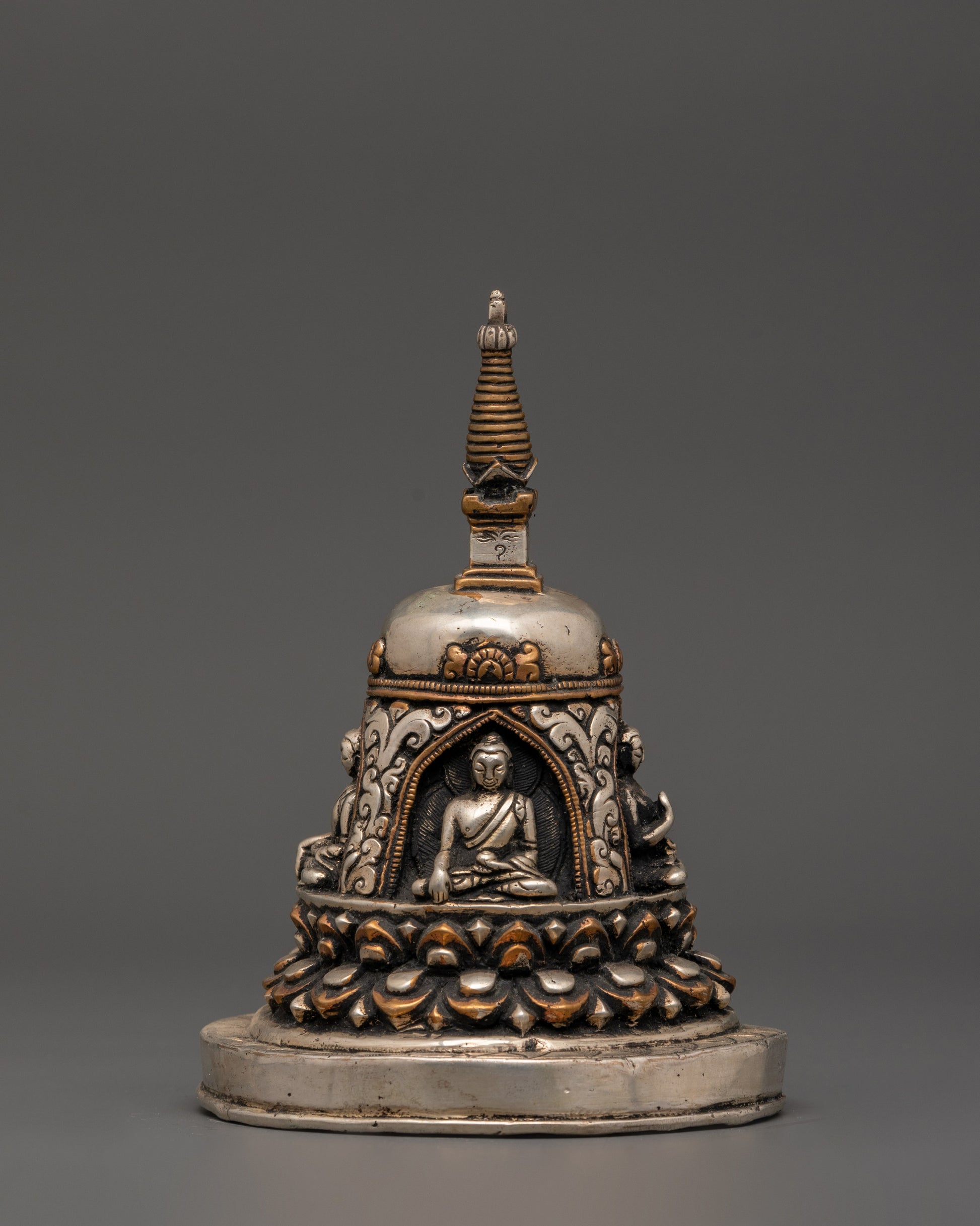 Oxidized Copper Stupa with Silver Plating 4 Buddha Engraved