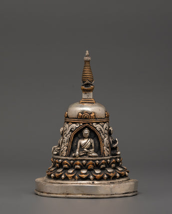 Oxidized Copper Stupa with Silver Plating 4 Buddha Engraved 