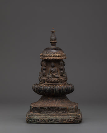 Handcrafted Spiritual Buddhist Stupa in antique copper finish for meditation rooms, altars & mindful decor. Invite peace & harmony home.
