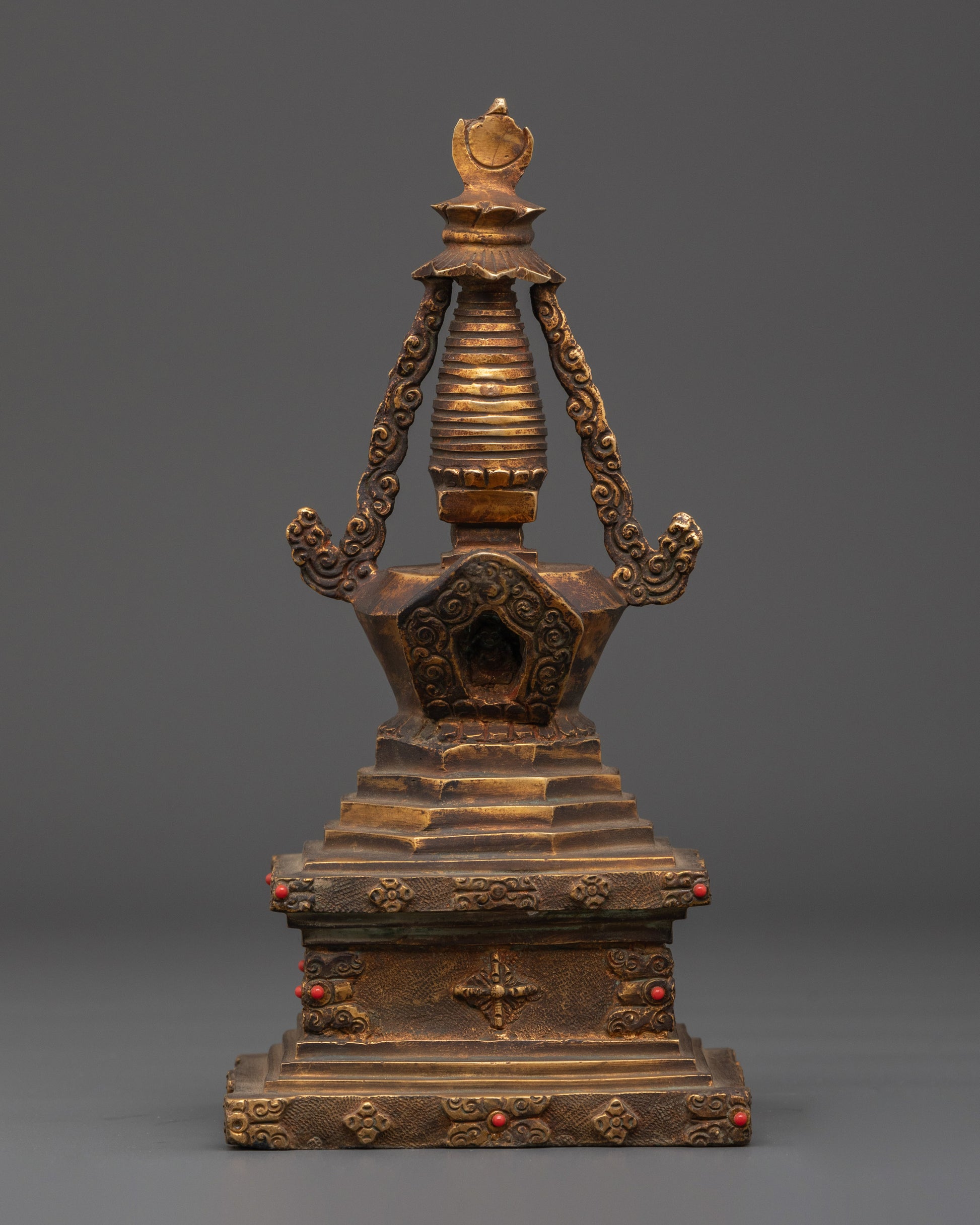 Copper And Gold Plated Stupa With Antique Finishing