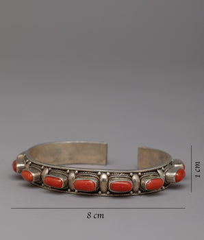 Tibetan Buddhist Handcrafted Silver Bracelet | Natural Red Coral Stone Minimalist Silver Sacred Bracelet
