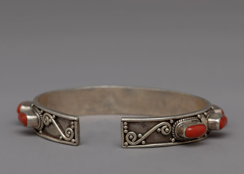 Tibetan Buddhist Handcrafted Silver Bracelet | Natural Red Coral Stone Minimalist Silver Sacred Bracelet