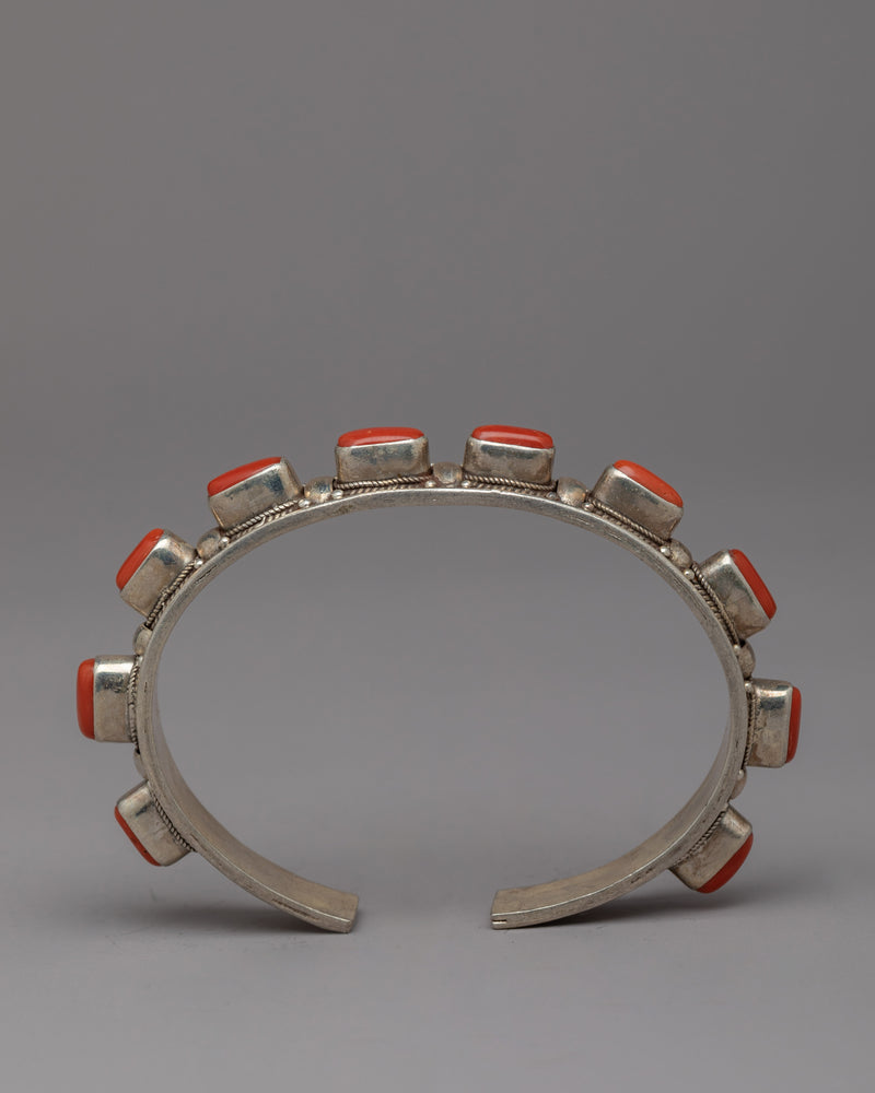 Tibetan Buddhist Handcrafted Silver Bracelet | Natural Red Coral Stone Minimalist Silver Sacred Bracelet