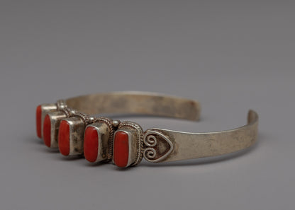 Handcrafted Tibetan Silver Coral Bracelet | Exquisite Coral Buddhist Jewelry