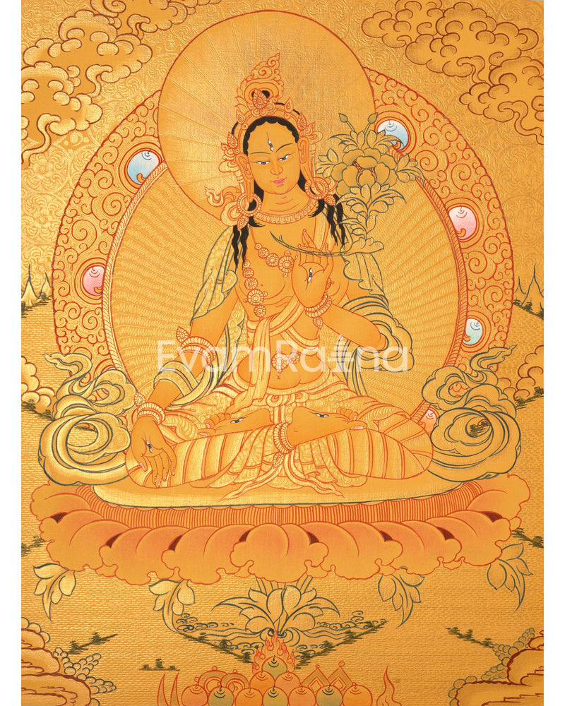 Hand-Painted Gold Chengrezig and White Tara Thangka | Tibetan Buddhism Arts